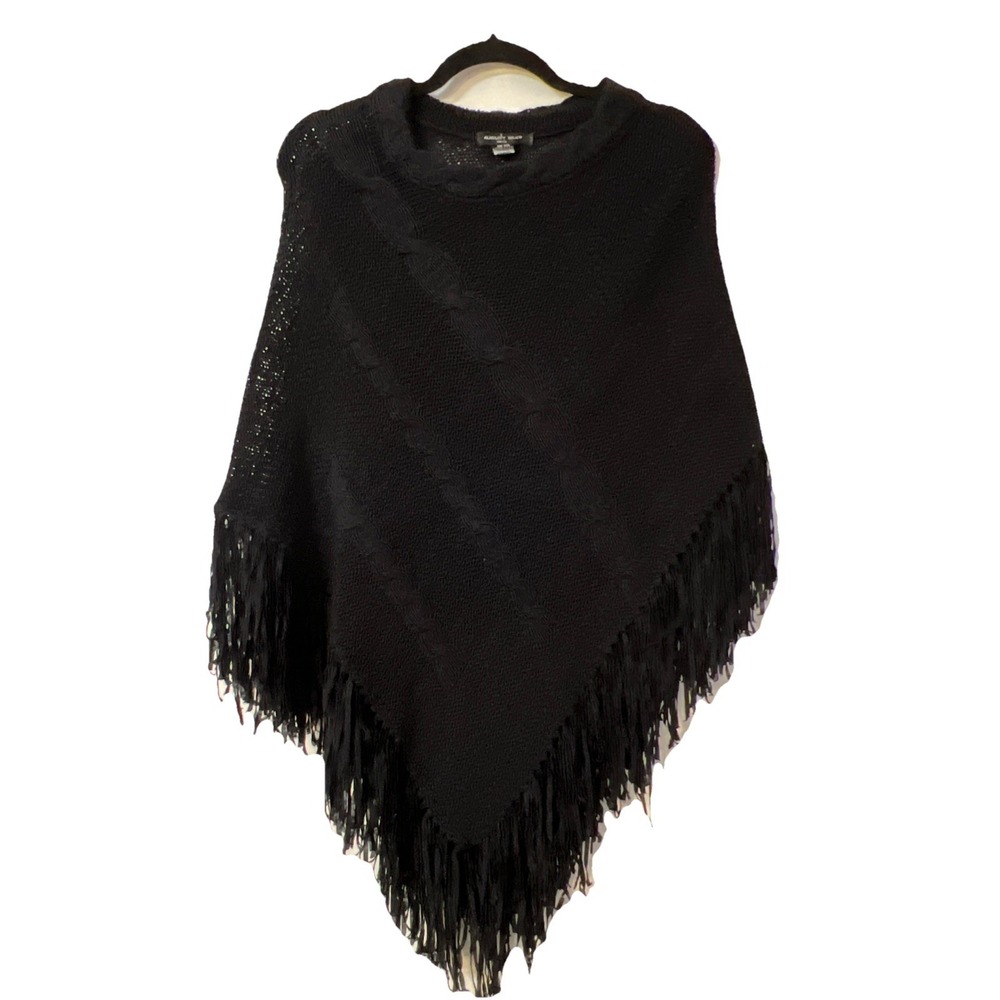 August Silk Cable Knit Shawl, Wrap, Scarf, One Size Black Ribbed Sweater Fringe